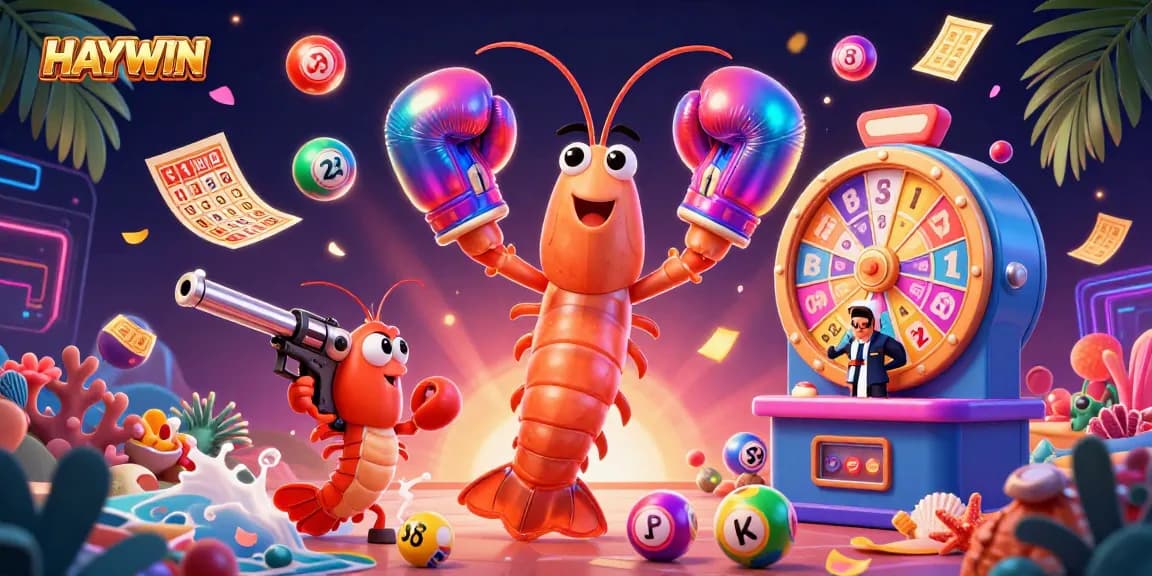 Experience the excitement of HAYWIN as characters engage in dynamic lottery action amidst colorful elements.