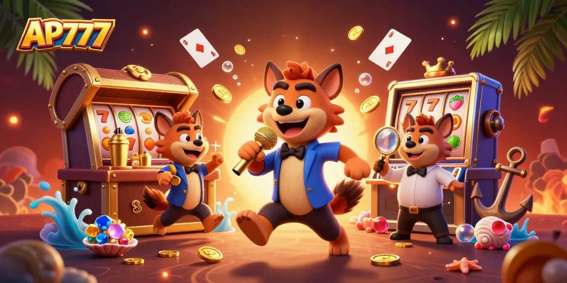 Experience thrilling fun with AP777 at a vibrant casino scene featuring engaging game characters.
