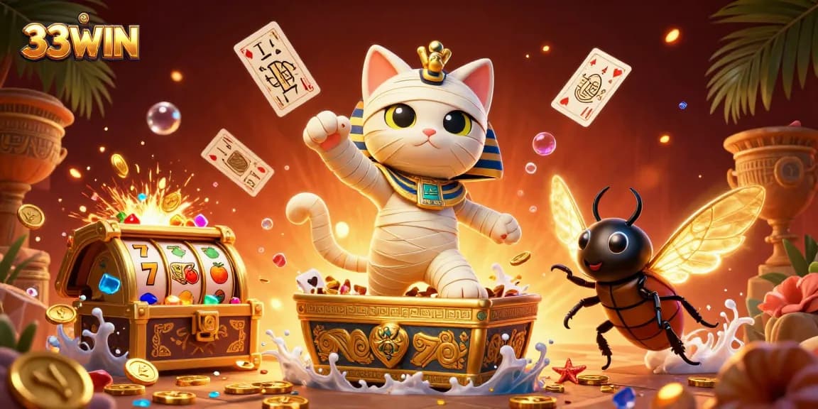 Engage with thrilling gaming adventures at 33WIN featuring a dynamic mummy cat in a pyramid casino.