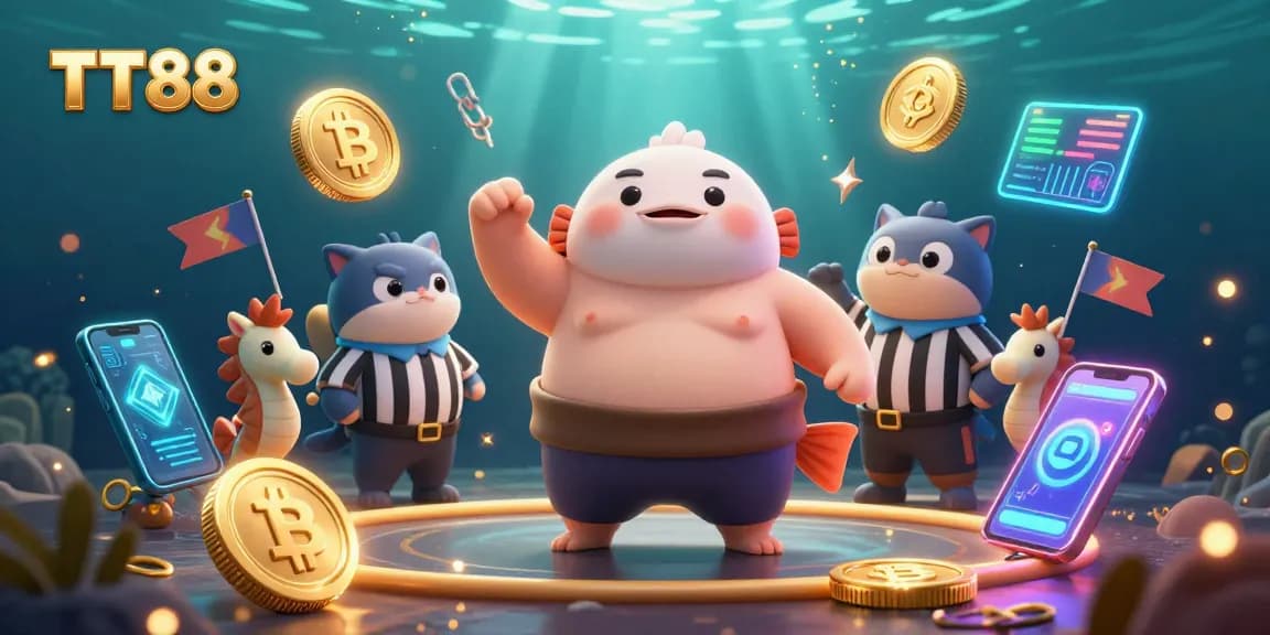 Experience TT88 with dynamic casino-themed 3D illustration showcasing vibrant underwater gambling elements.