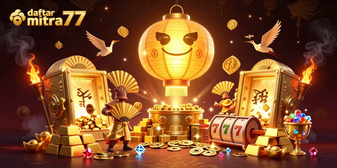 Daftar mitra77 dengan gameplay slot menarik dan peluang menang besar dalam ilustrasi kasino yang mendetail.