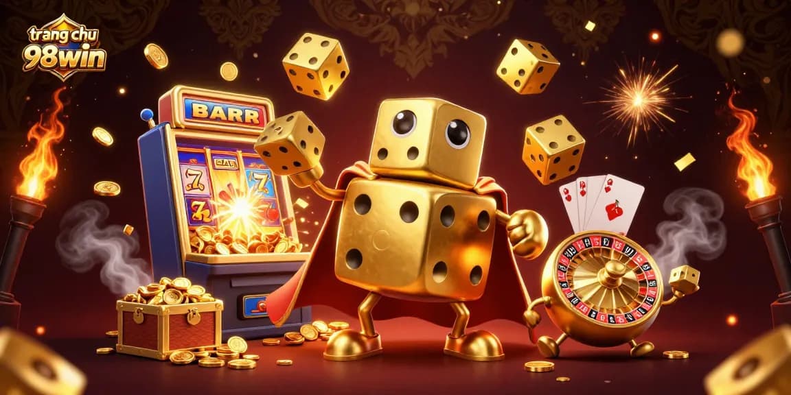 Engage with the vibrant world of trang chu 98win, featuring a golden dice golem and explosive slot machine jackpot.