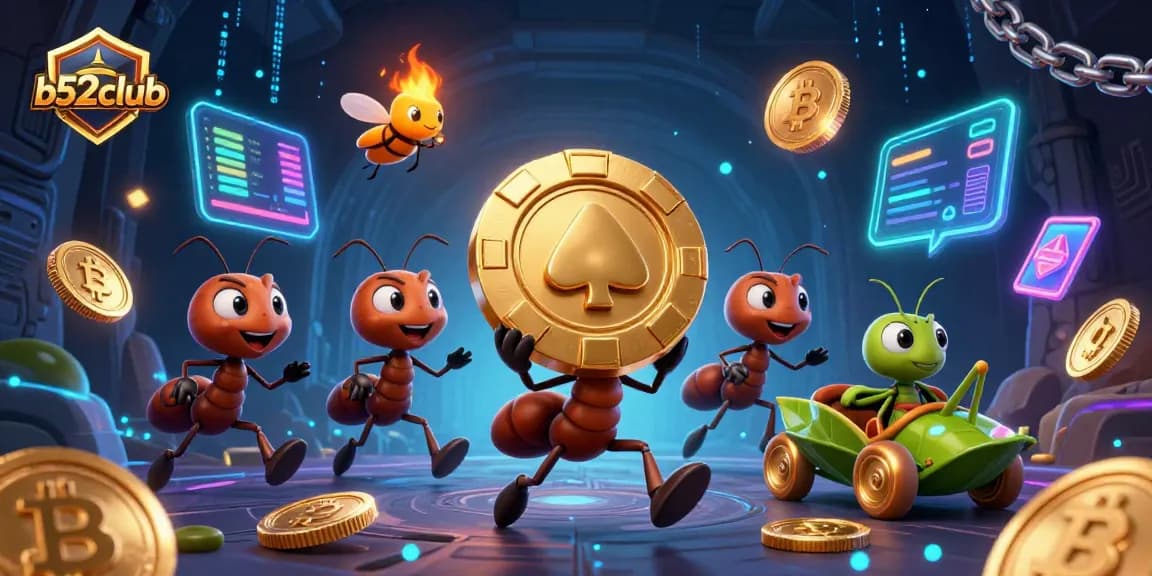 Join the thrilling adventure with b52club as ants carry a giant poker chip through a vibrant underground escape.