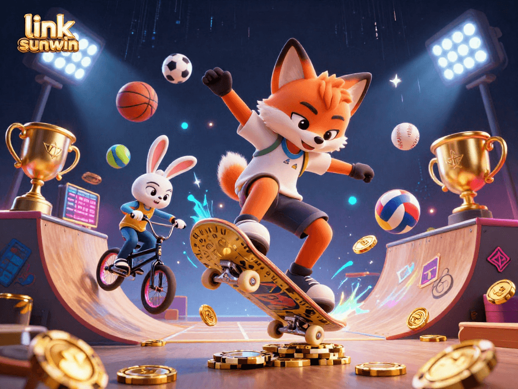 Play exciting games on link sunwin while a fox kickflips over poker chips
