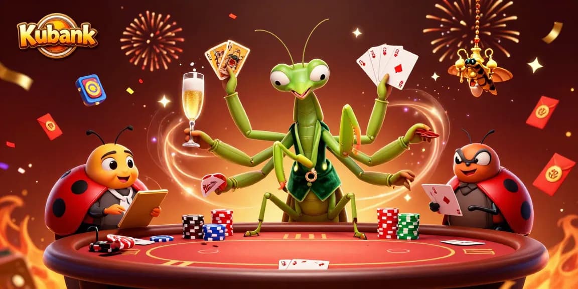 Kubank brings excitement to the casino with a giant praying mantis card sharp and ladybug pit boss in a vibrant scene.