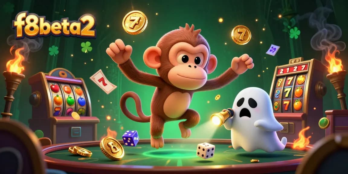 Experience the thrill of gambling at f8beta2 with a mischievous poltergeist monkey juggling golden casino objects.