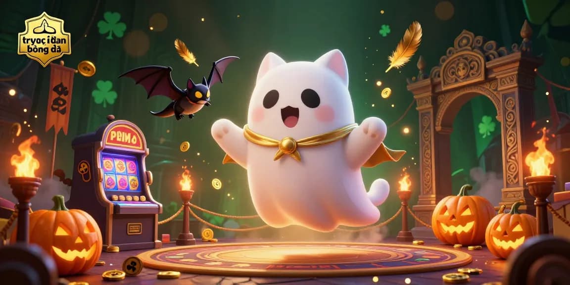 Experience trực tiếp bóng đá with a ghost cat and bat in a vibrant, haunted casino scene.