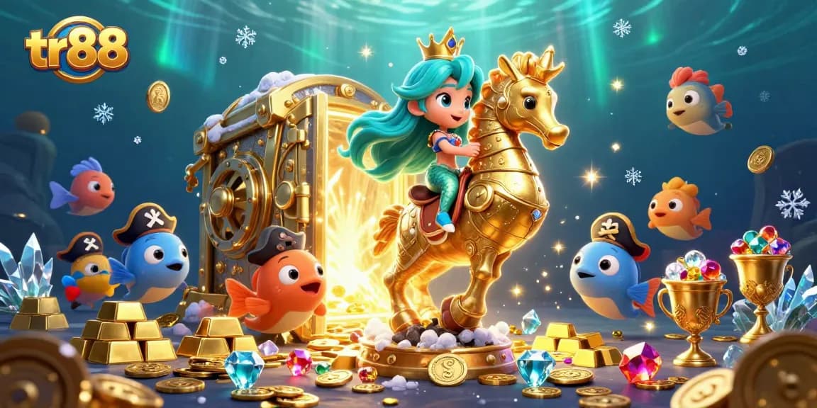 Play exciting casino games with TR88's vibrant illustrated scene, featuring treasure and lively characters.