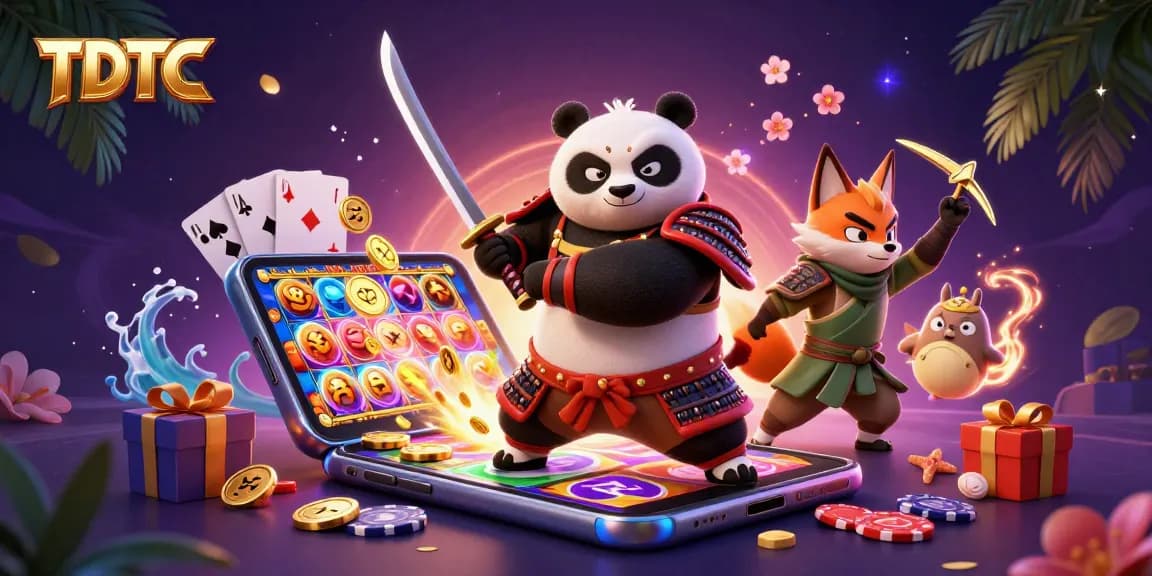 Engage with TDTC: A fierce samurai panda and a ninja fox navigate a vibrant casino world.