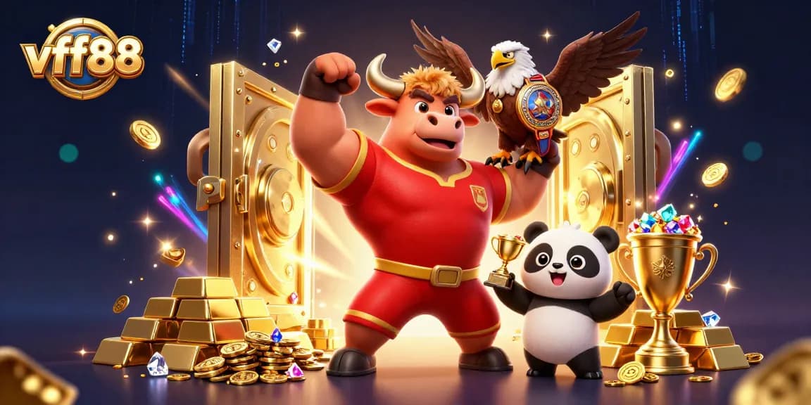 Win big at vff88 with joyful characters and dazzling casino treasures surrounding them.