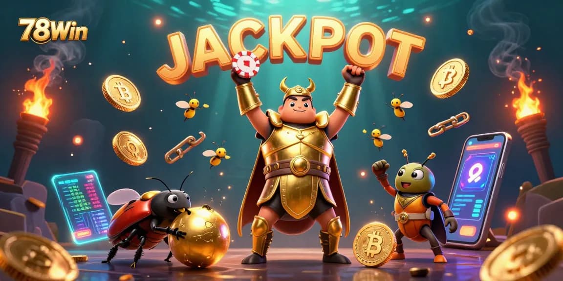 Engage with 78Win's thrilling jackpot scene showcasing vibrant characters and casino elements in a colorful illustration.