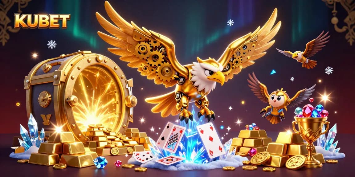 KUBET features a golden eagle soaring through cascading holographic cards amidst treasures, embodying online gaming excitement.