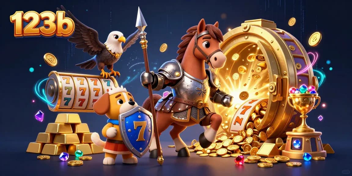Spin and win at 123b with a colorful 3D casino-themed scene featuring knights, treasures, and dynamic game elements.