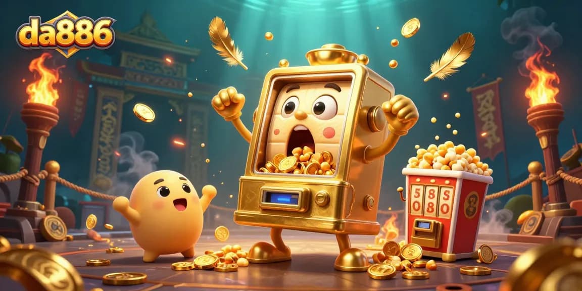 Experience the excitement of da886 with a cartoon golden slot machine hitting the jackpot!