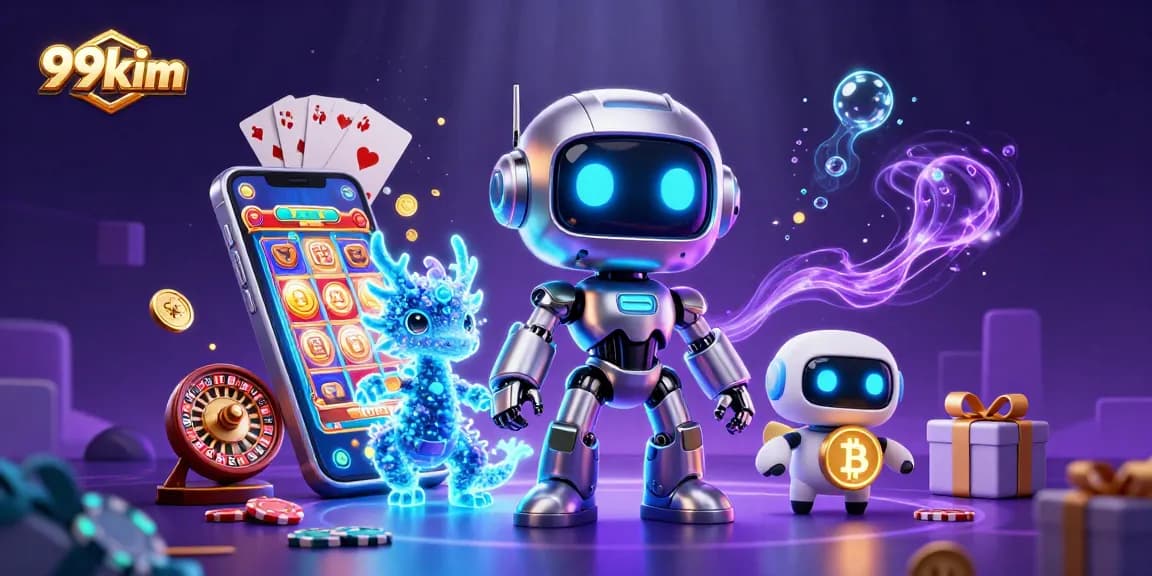 Engage with 99kim's vibrant gaming universe showcasing a cyberpunk mascot and rich casino elements.