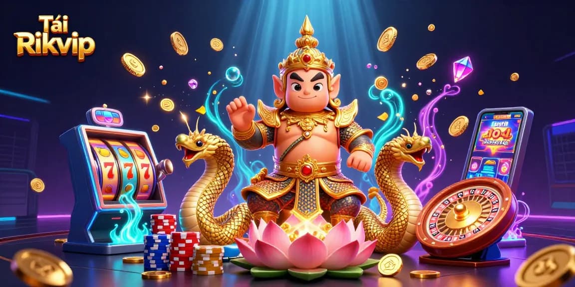 Tải Rikvip and play exciting games with the vibrant scene of Thai guardian, coins, and slot machines