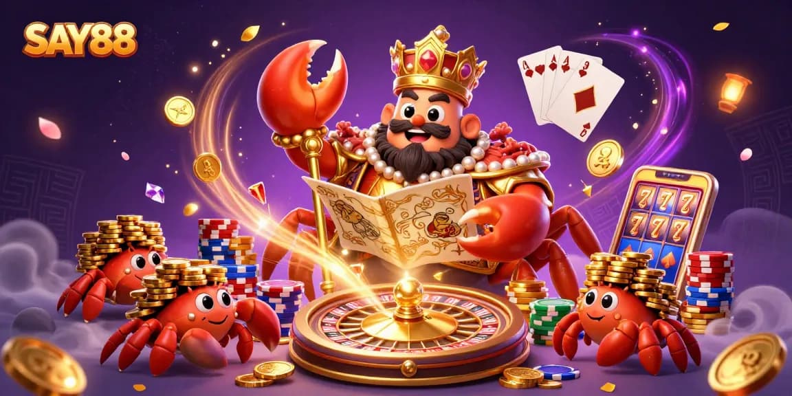 SAY88 offers a dynamic online casino experience with vibrant visuals, showcasing a golden crab emperor among riches and game elements.