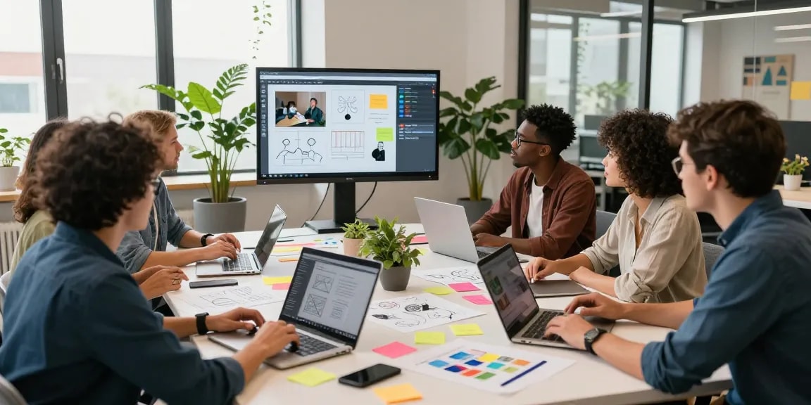 Diverse team collaboratively using a mix board for brainstorming in a modern workspace.