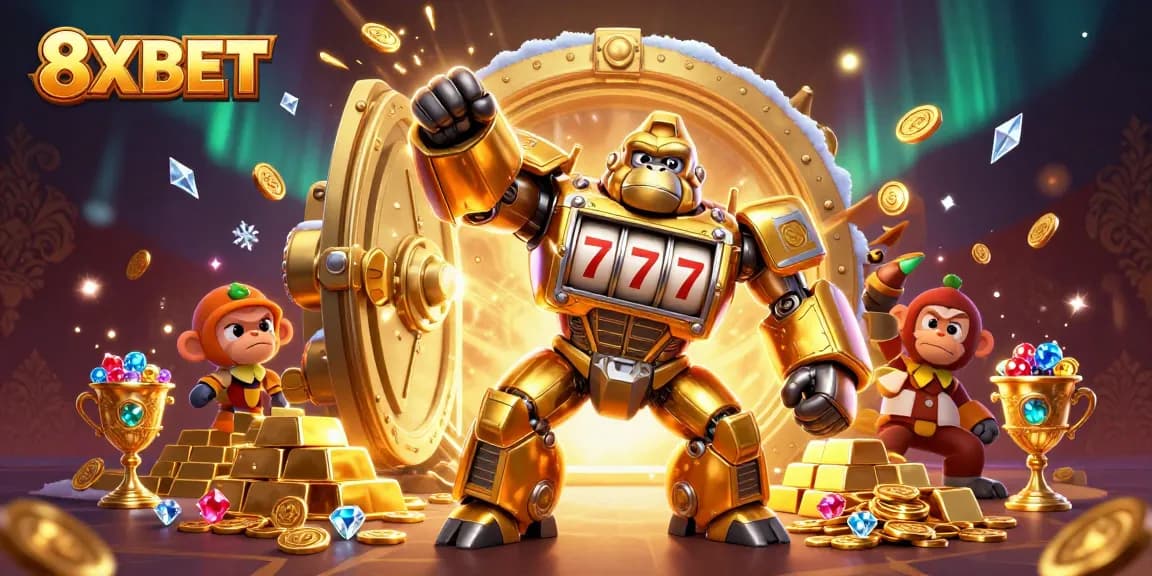 Experience thrilling gaming adventures with 8XBET’s golden gorilla mech and treasure vault in this dynamic illustration.