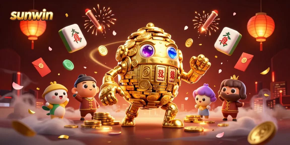 Experience sunwin's enchanting casino atmosphere with a golden golem surrounded by festive game elements.