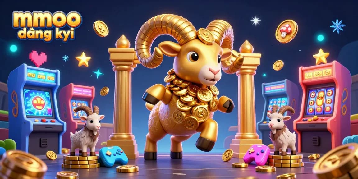 Engage with the thrilling mmoo đăng ký experience, featuring a cartoon golden ram charging through a casino landscape.