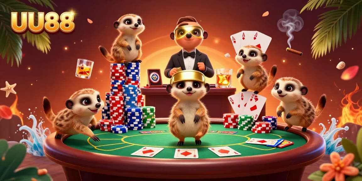Experience excitement at UU88 with a vibrant casino scene featuring meerkats and poker elements.