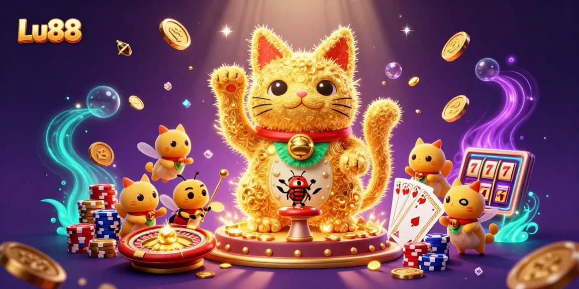 Experience excitement at Lu88 with a vibrant, dynamic casino scene featuring a lucky cat and festive symbols.