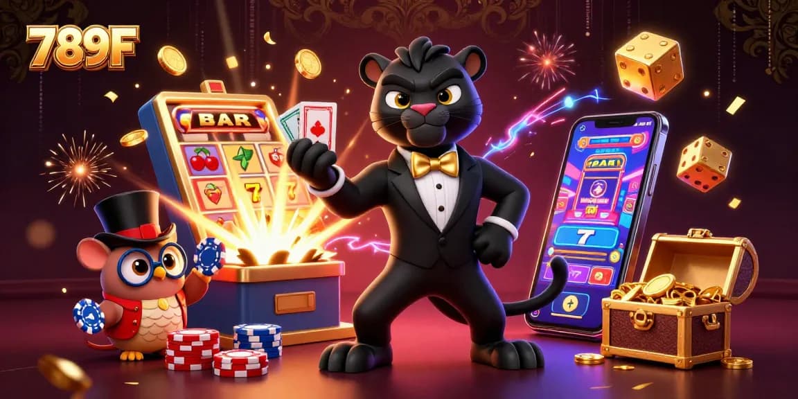 Experience exciting wins at 789F with a stylish panther dealer, vibrant slots, and captivating casino elements.