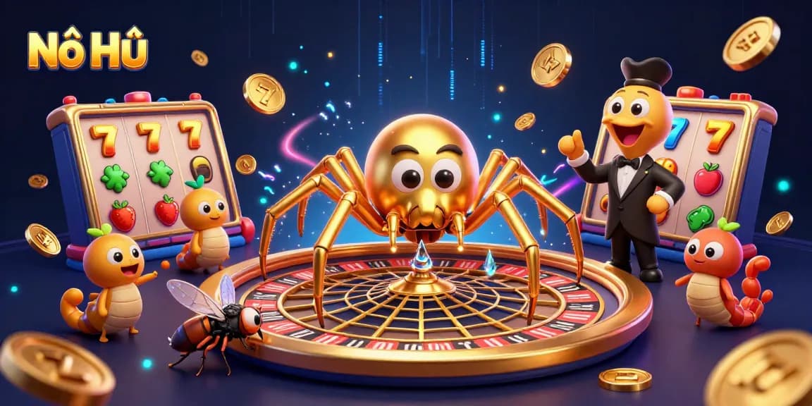 Nổ Hũ showcases a golden spider and a centipede croupier amidst slot reels, vibrant symbols, and dynamic energy.