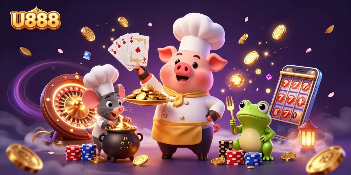 U888 casino scene with a chef pig serving gold coins, rich gaming elements and dynamic visuals.
