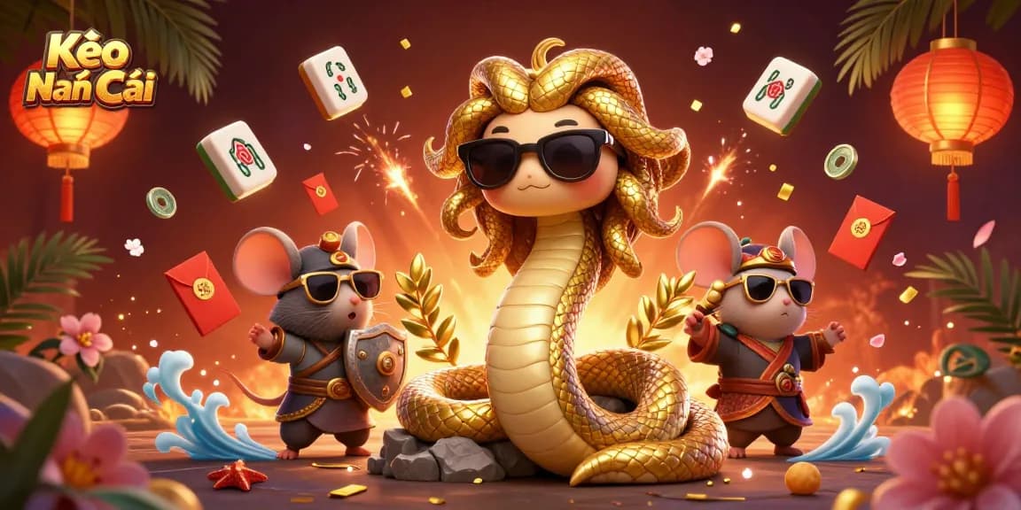 Kèo Nhà Cái presents a vibrant scene featuring friendly Medusa and a valiant mouse among colorful gaming elements.