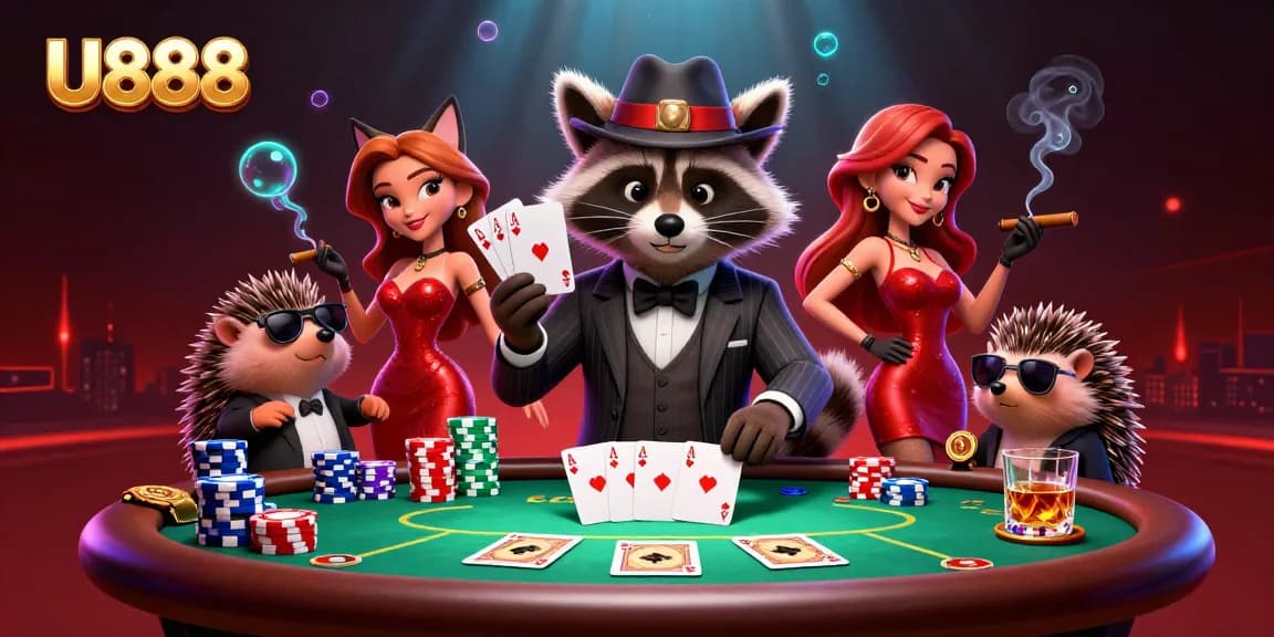U888 players enjoying poker with a raccoon and fox in a vibrant casino illustration
