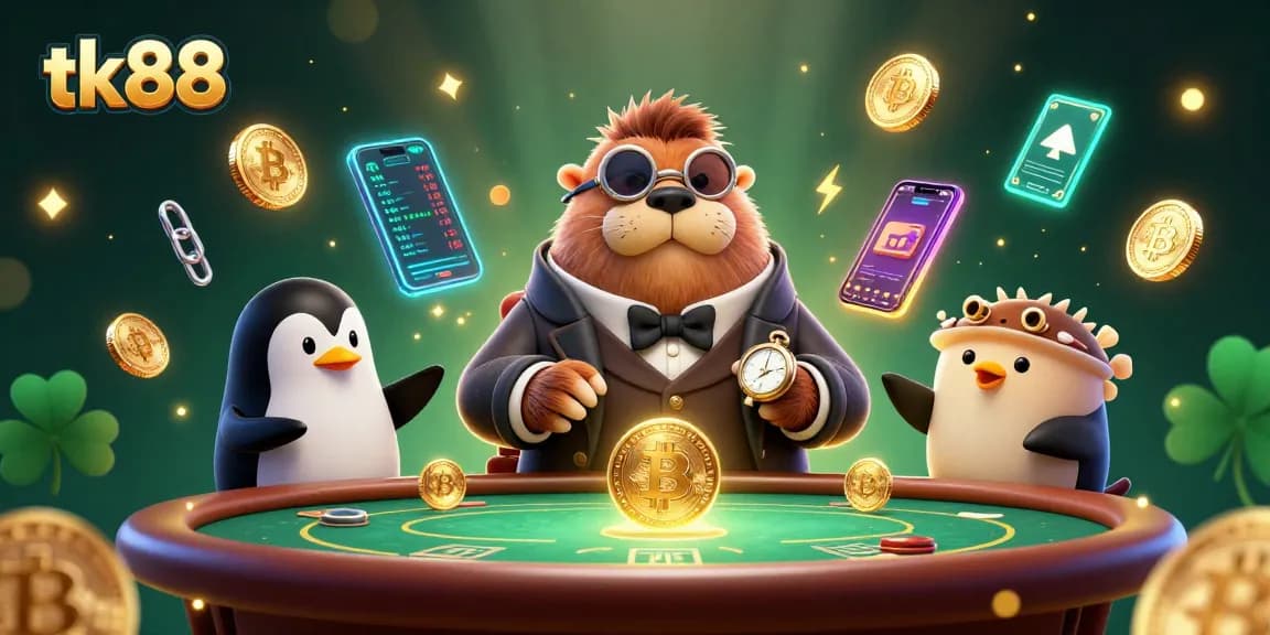 Play exciting poker at tk88, featuring a jolly walrus, penguin dealer, and a bluffing pufferfish.