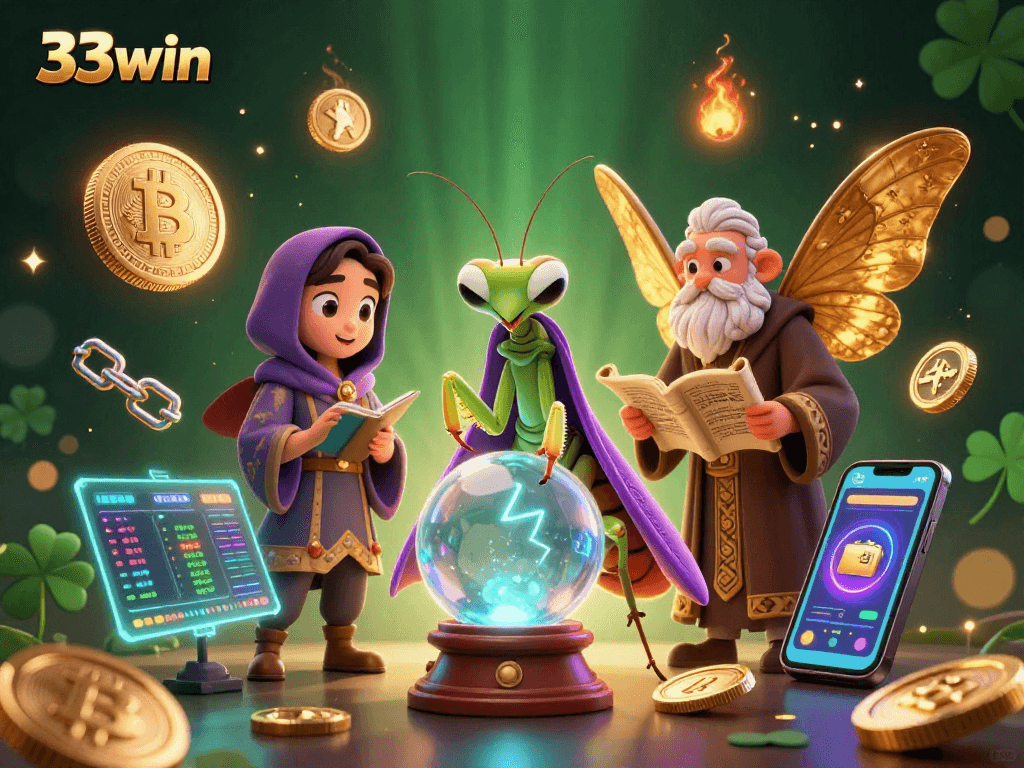 33win showcases a vibrant 3D casino scene with characters and glowing crypto elements