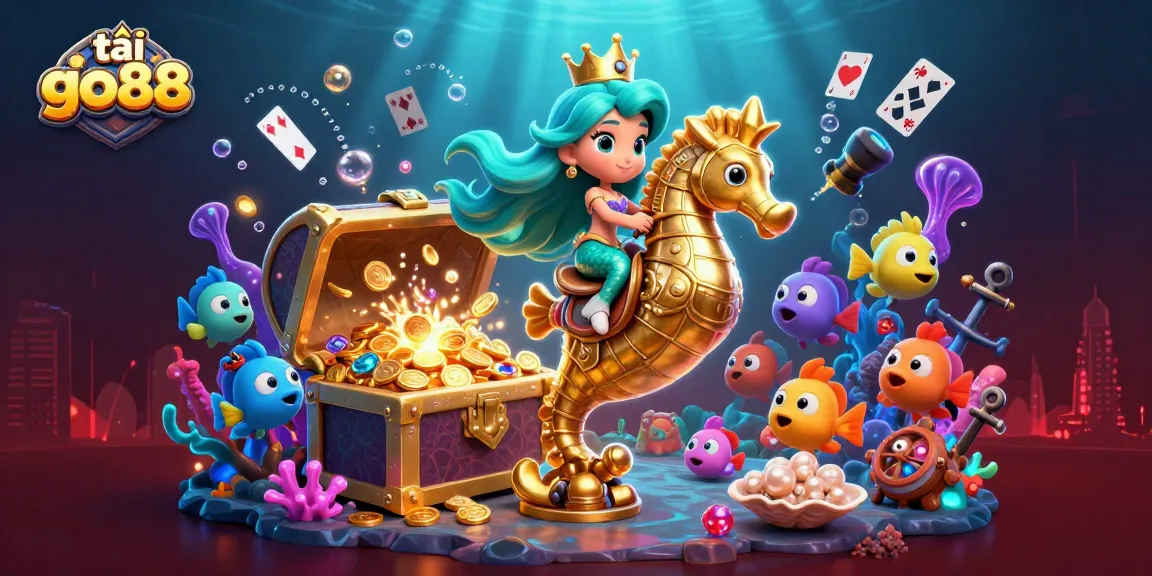 Activate adventure with tải go88, featuring a vibrant underwater scene of a mermaid princess and her seahorse on a treasure quest.