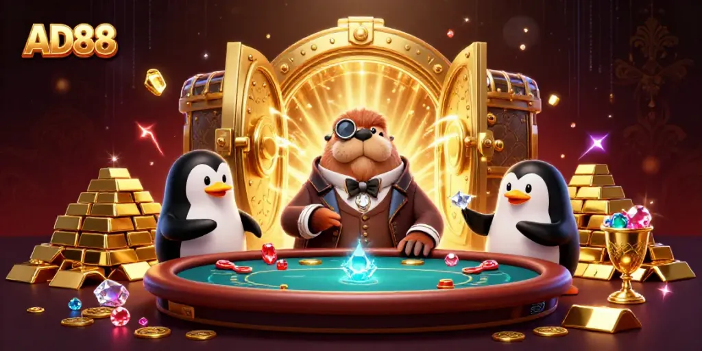 AD88 showcases an underwater poker scene with characters illustrating vibrant casino energy.