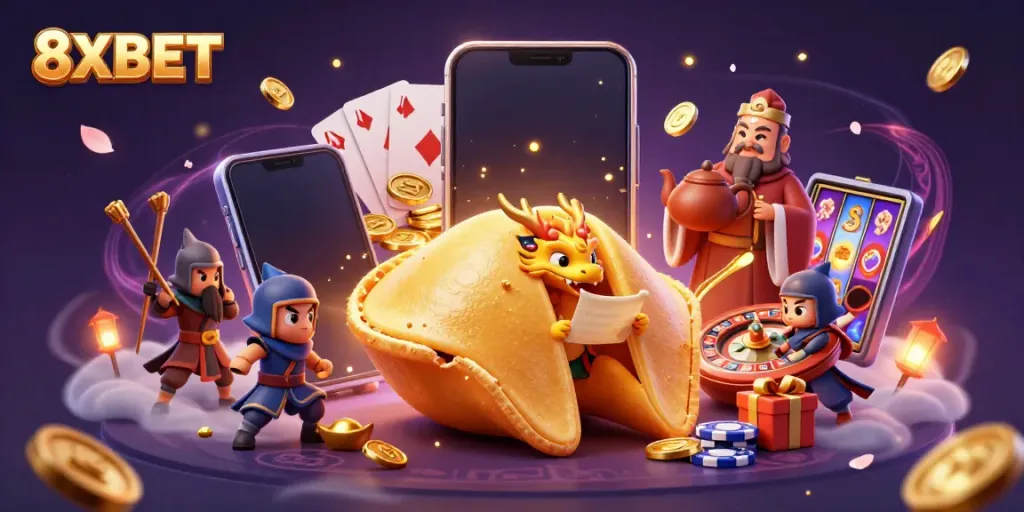 Engage with 8XBET's exciting gaming experience featuring dynamic casino characters and vibrant game elements.
