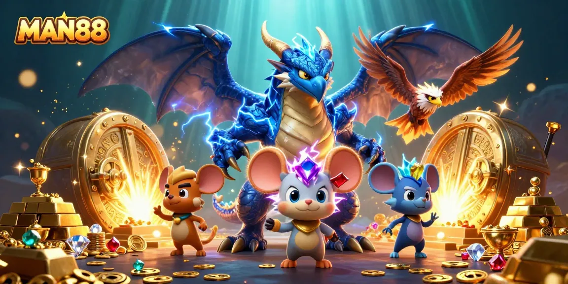 Spin the reels and explore MAN88's treasures with an epic thunder dragon and vibrant gaming elements.