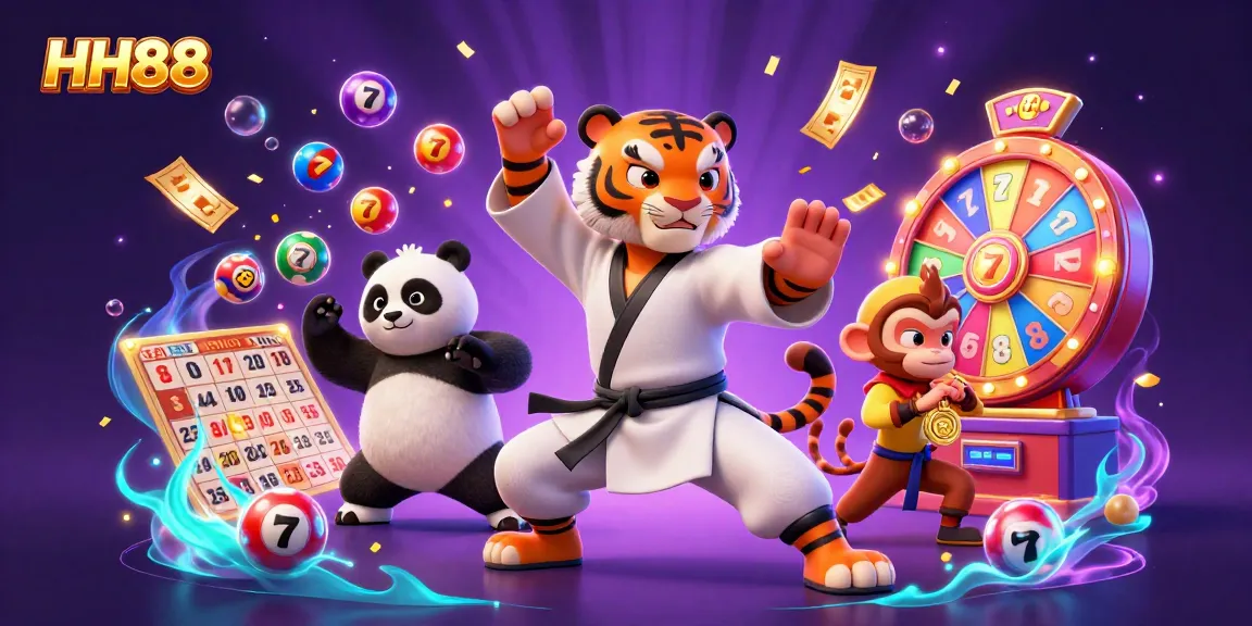 Experience the excitement of HH88 with vibrant slot reels and playful characters in a dynamic casino scene.
