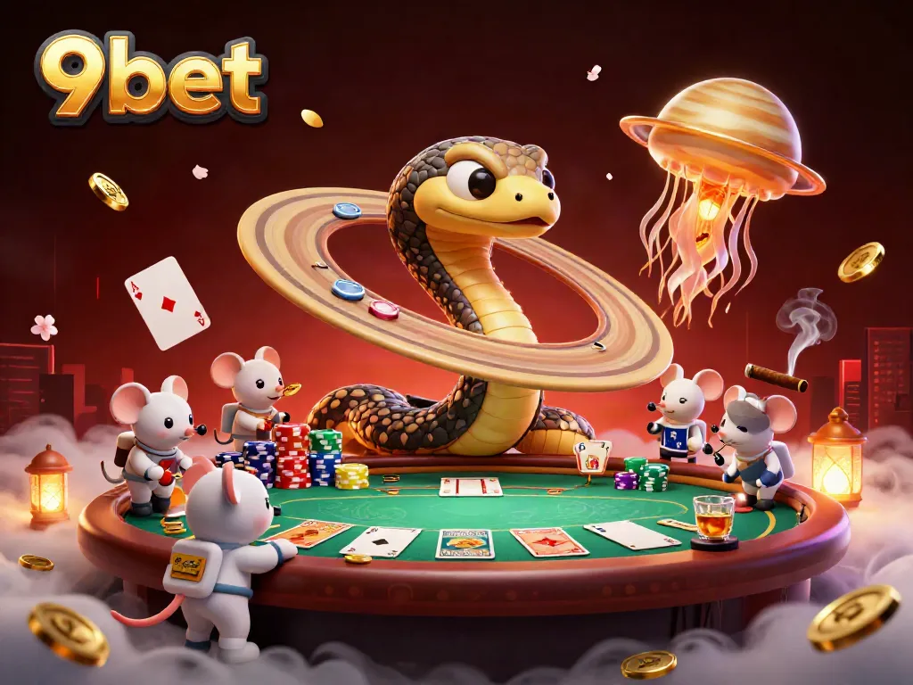 Engaging cosmic scene of astronaut mice placing bets on the roulette wheel made of Saturn's rings in a vibrant 9bet casino.