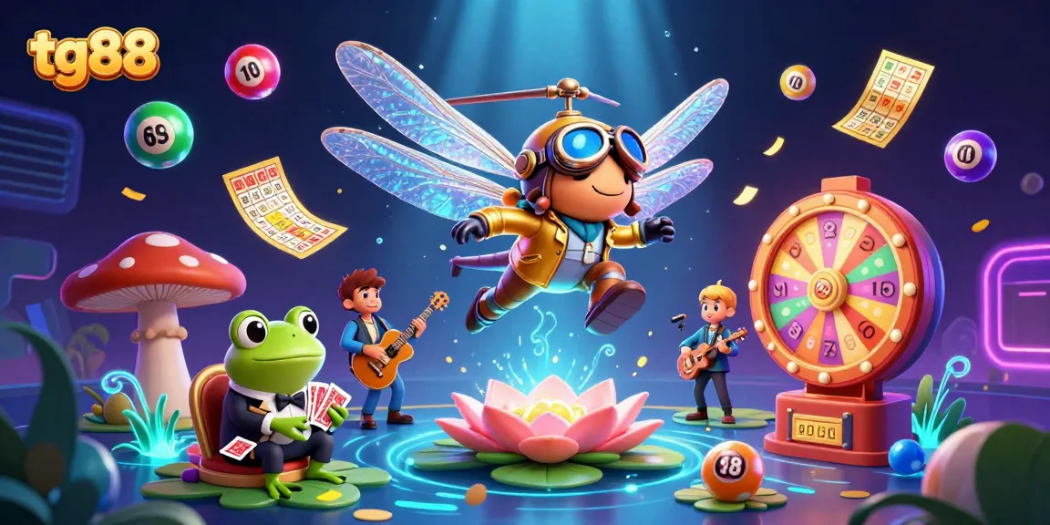 Play games at tg88 casino with a vibrant scene of colorful lottery balls and a frog croupier.