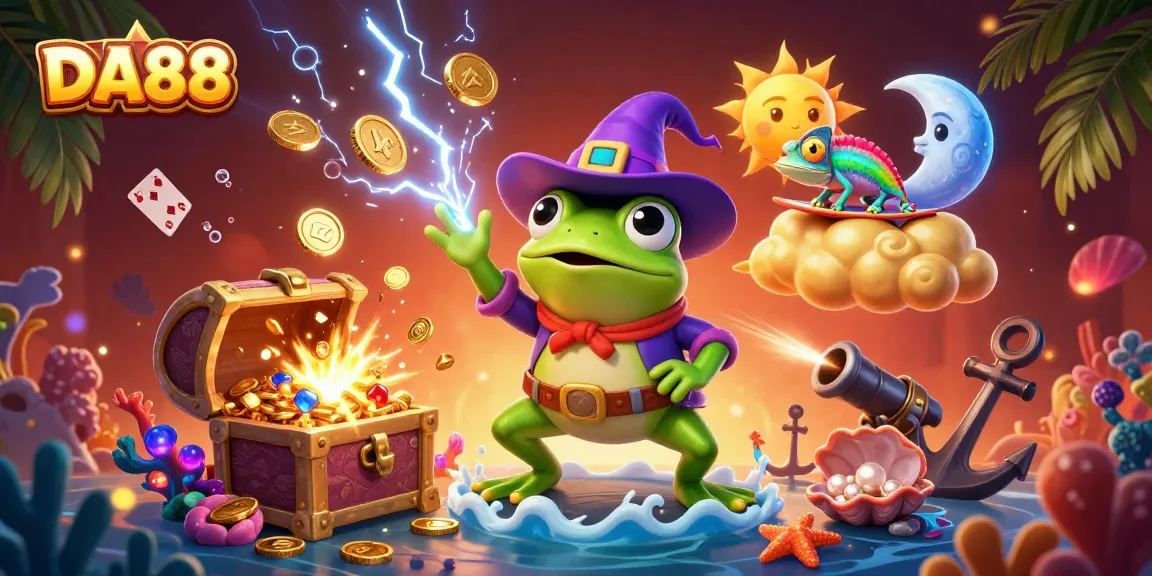 DA88 casino scene with a frog wizard conjuring coins and vibrant game elements.
