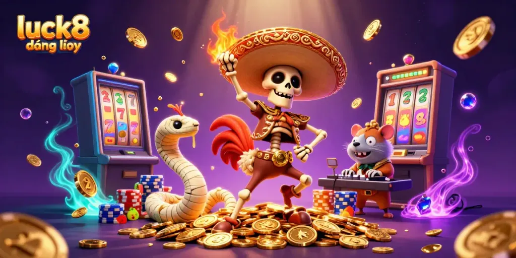 Experience luck8 đăng nhập with thrilling jackpot slots featuring vibrant characters and golden treasures