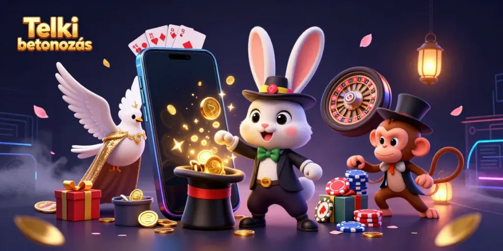 Engaging scene of Telki betonozás featuring a magical rabbit, dove, and monkey surrounded by slot game elements.