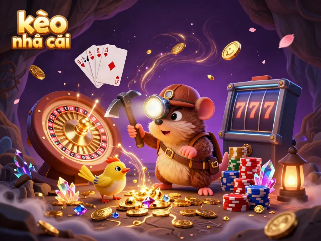 Engage with kèo nhà cái through vibrant casino-themed 3D illustration featuring a treasure hunter and treasures.