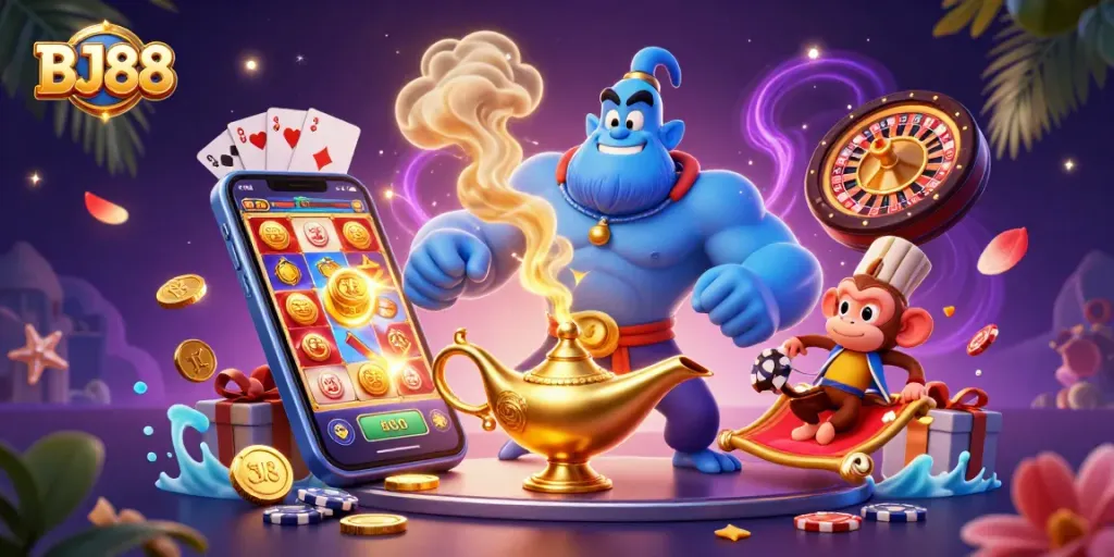 Experience thrilling gameplay at BJ88 Casino with iconic characters and festive gaming elements.