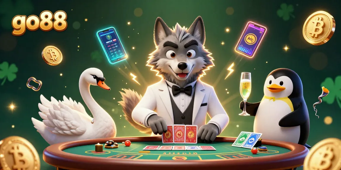 Experience the thrilling world of go88 with a captivating casino scene featuring a debonair wolf, elegant swan, and penguin sommelier.