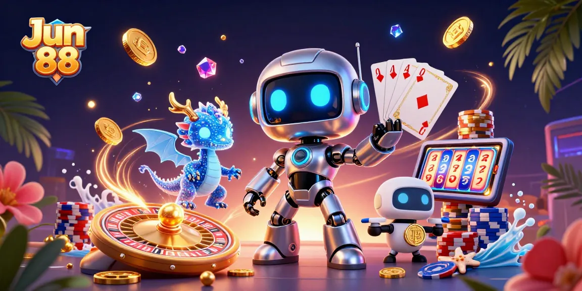 Experience thrilling wins at Jun 88 with dynamic 3D casino illustration featuring futuristic characters and vibrant game elements.