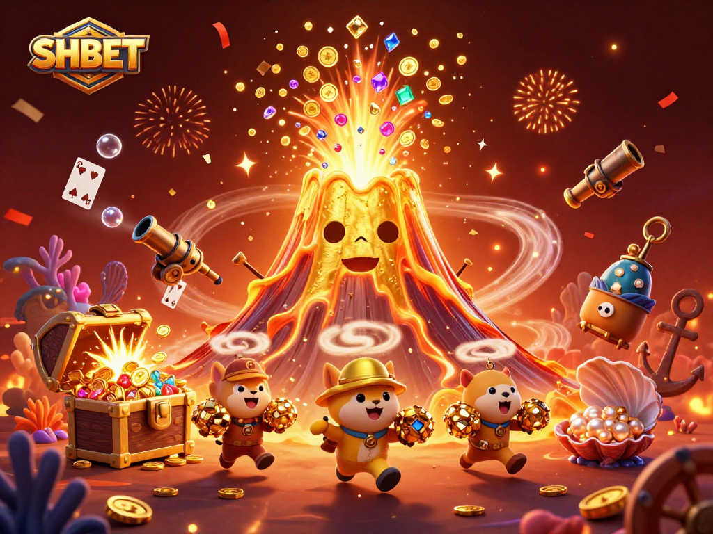 Engage with SHBET as the triumphant volcano erupts treasure in a vibrant casino atmosphere.