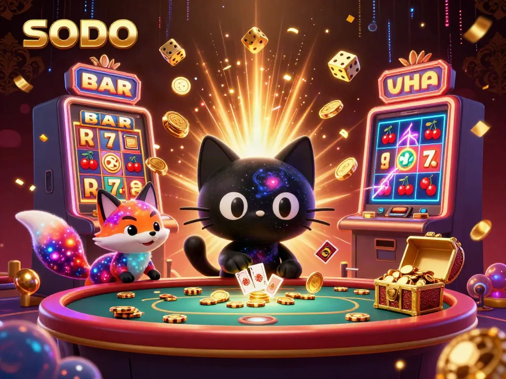 SODO casino scene featuring a black hole cat and nebula fox amidst a cosmic slot machine explosion.
